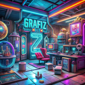 En el centro de un laboratorio futurista, rodeado por un aura de luz neón y hologramas ,Hay un letrero gigante que dice: "Grafi Z" ,Desde las paredes hasta los muebles, cada superficie está adornada con objetos que llevan un escrito grande que dice: Grafiz.
Un holograma flota en el centro de la habitación, mostrando en brillantes letras el nombre "Grafiz", . A su alrededor, una variedad de objetos tecnológico homenaje a esta entidad creativa: Grafiz