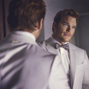 Close-up of Chris Pratt in a formal suit. GQ magazine photoshoot.