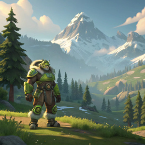 Orisa, the Overwatch character, wearing the 'Forest Spirit' skin. In a virtual game scene. Mountainous landscape with snow-capped peaks and lush greenery