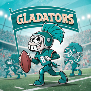 Cartoony mascot design for a sports event. Teal colored gladiators with large banner reading 'Gladators'