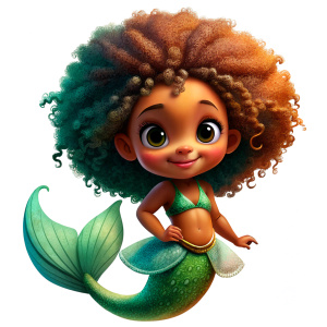 Afro little mermaid ariel, cartoon, high quality, cute image, transparent background 