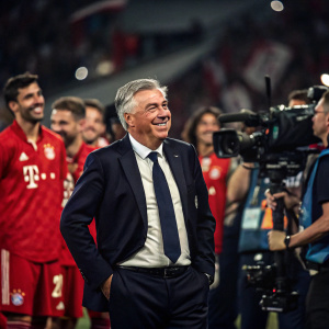 Carlo Ancelotti, celebrated football manager, exuding victory at post-match conference. Background filled with reporters and team members.