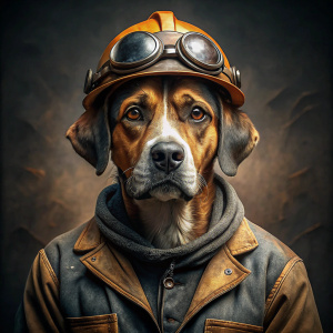 man who has a dog's head and neck, high contrast, random breed, miner outfit