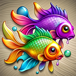 A spray paint-effect illustration of two fish swimming in opposite directions, with vibrant colors and dripping paint, against a plain background. Art style: Banksy, punk art, intricate details.