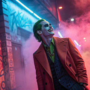 Jared Leto as Joker. Brightly lit, dramatic setting with bold, neon colors and smoke effects.