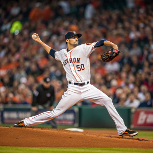 Charlie Morton, wearing Houston Astros jersey number 50, in mid-pitch. Crowd blurred in the background
