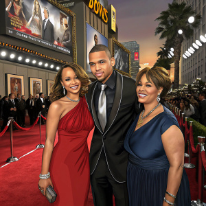 Chris Brown, Joyce Hawkins, and Royalty Brown making appearances at an extravagant Hollywood premiere.