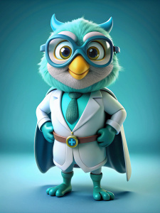 A happy and smiling and strong kind hero owl bird, Mendeleev animation character in chemical doctor's gown and cosmonaut helmet, stands in a heroic pose, bold and brave, teal colors, 3d illustration, high resolution