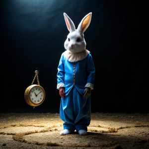 dark background  on the ground white  rabit in a blue costume and a big clock 