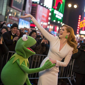 Kermit the Frog and Amy Adams dancing in Times Square during the premiere of Muppets Most Wanted. Crowds cheering.