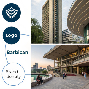 An infographic explaining the Barbican logo's significance and application in brand identity. Modern circular design with clean sans-serif font. Emphasis on simplicity and minimalism.