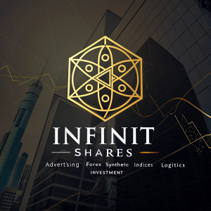 Golden geometric logo for INFINIT SHARES. Below, the company name in sleek font. Areas of expertise: advertising, forex, synthetic indices, logistics, and investment. Dark background.
