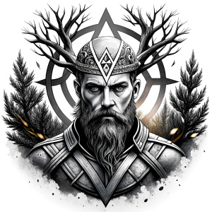 Wikinger mit zwei Gesichtern baum yggdrasil – and weapons high-definition design grey and black, realistic tattoo design, white background