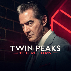 Promotional poster for 'Twin Peaks: The Return'. Dark colors with red highlights. A man in a suit is featured in a close-up, showing his face and upper body. The text announces the long-awaited new season after 25 years, along with the network and airtime details.