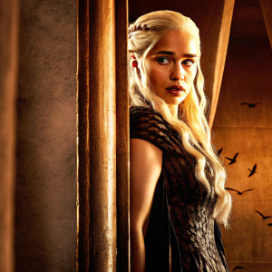 Emilia Clarke in character as Daenerys Targaryen. Intense look, blonde hair cascading down. Wearing a black, intricately designed dress. The scene is dark with faint outlines of architectural elements and bird figures.