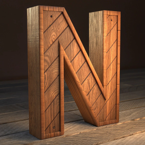 Digital 3D rendering of a rustic wooden letter 'N'. Warm hues and visible grain patterns. Natural shine adds depth.