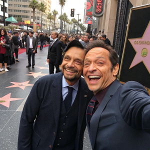 Eugenio Derbez and Rob Schneider celebrating at the Hollywood Walk of Fame. Crowded street with pedestrians and passersby.