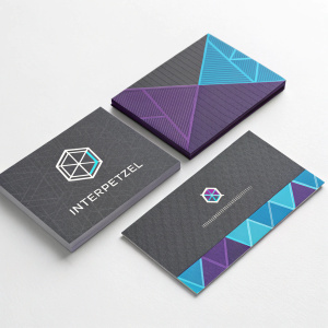 Contemporary business cards for InterPretzel. Sleek design featuring geometric shapes. Gray color with purple and blue accents. Dark texture, logo, URL, email.