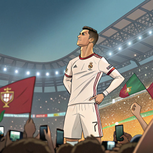 Cristiano Ronaldo, animated character, standing confidently in a soccer stadium, surrounded by fans