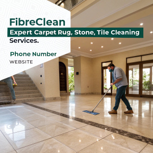 Ad for Fibreclean: expert carpet, rug, stone & tile cleaning services. Contact info included.