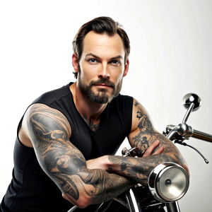 motorcycle biker tattoo design - perfect realistic art - high-definition - grey and black - white background 