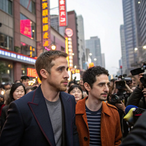 Ryan Gosling and Damien Chazelle in a bustling Beijing street. Chinese fans and press around them.