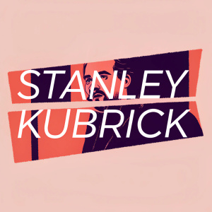 Stanley Kubrick's name and a graphic man's face silhouette in bold font, modern graphic design, tribute