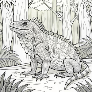 Full body iguana coloring page standing in the forest with clean lines. No colors at all inside the graphic and all the design is on a white background.