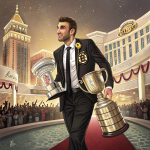 Patrice Bergeron in a sharp black suit, tie, and NHL logo pin. Posing with trophies at the grand entrance of a Las Vegas casino. Crowd cheering in the background.