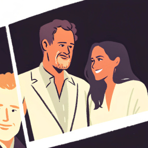 Contrasting images: Prince Harry and Meghan Markle smiling happily, Piers Morgan frowning in a separate frame.