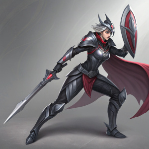 Concept art of Fiora from League of Legends, a warrior clad in sleek, futuristic armor. Grey, black and red color palette. Dynamic pose, digital artwork, neutral grey background