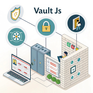 Infographic illustrating Vault JS, a third-party web app firewall software, through detailed illustrations and text blocks.