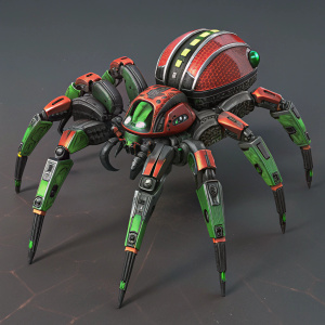 The Transmethyl Tarantulas from Transformers: Beast Wars. Futuristic vehicle with spider-like features and a humanoid robot. Red, green, black, and metallic hues