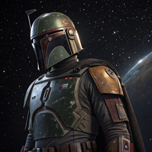 Hyper-realistic render of Boba Fett's armor. Dark metallic colors, intricate design, set against an endless space background. Emphasizes armor's functional components and structural integrity.