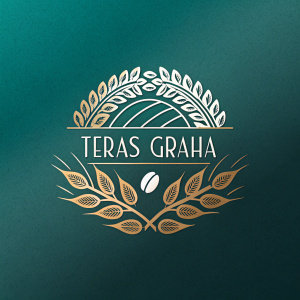 Modern logo design for Teras Graha, featuring wheat and coffee beans. Gold and white on a gradient background of teal and dark green.