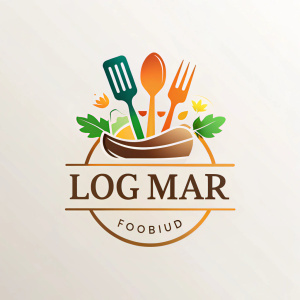 создайте логотип готовки еды, продукты на кухне, столовые предметы, надпись имя "LOGMAR-FOOD"