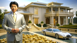 A lucky Chinese young man has a mansion, a luxury car, piles of money and jewelry