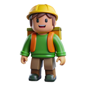 child from roblox, square face in full height, in a bright hiker costume