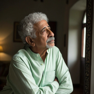 Naseeruddin Shah, Indian actor, posing thoughtfully in a dimly lit room. Wearing a light green shirt, white curly hair, and a prominent mustache.