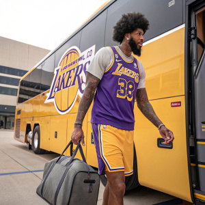 Anthony Davis, sports star with afro hairstyle and tattoos, stands by a Lakers bus. He wears a Lakers jersey and shorts, holding a gray duffel bag.