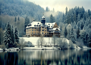 old Hotel on a lake, behind are a forest in winter