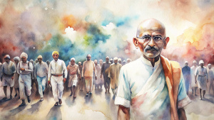 create a poster of Mahatma Gandhi walking with protestors. Take the image as reference.