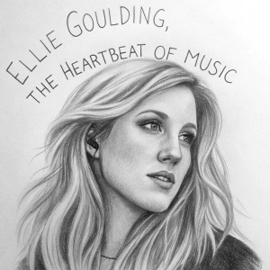 Charcoal sketch of Ellie Goulding. Her long, wavy blonde hair frames her face. Facial features are meticulously detailed. Around the drawing: 'Ellie Goulding, The Heartbeat of Music'