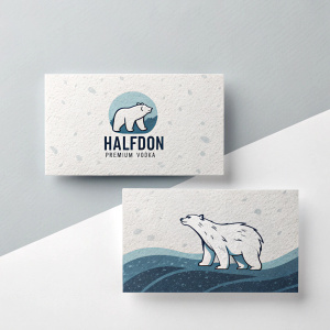 Halfdon Premium Vodka business cards. Modern design with grungy texture, cool-toned color scheme. Polar bear illustration