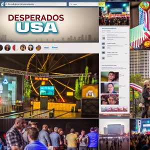 Screenshot from Desperados USA Twitter page. Featuring collage of promotional photos, tweets, and multimedia content highlighting social media engagement and follower growth.