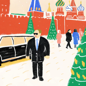 Vladimir Putin, in a black suit and dark glasses, exiting a limousine. Snowy streets of Moscow, bustling with holiday lights and pedestrians.