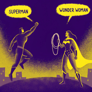 Superman and Wonder Woman in action-packed comic panel. Bold colors, dynamic poses, and expressive faces. Speech bubbles add depth to their conversation, driving the story.