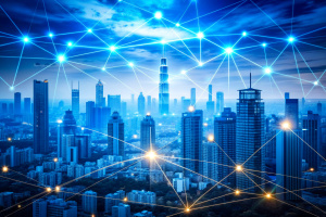 technology internet of things smart city online network concept. Abstract blue background.