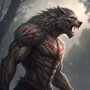 Illustration of a werewolf transformation in progress. Muscular build with detailed anatomy. Fierce expression with red markings.