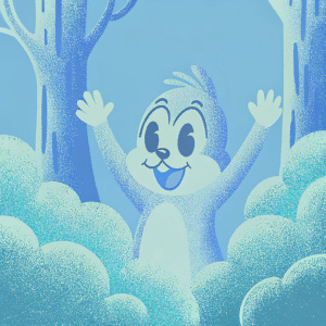 Illustration of a chipmunk character resembling Chip from Chip and Dale. The character is shown in a playful pose with a big smile and raised arms. It is set against a vibrant green forest background.